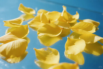 Generated image, yellow Petals scattered on blue skybackground.