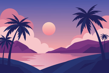 Tropical Sunset Landscape with Palm Trees, Island, Ocean, and Pink Clouds Silhouette Style