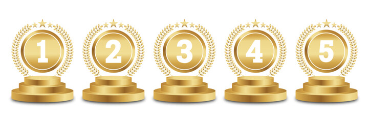 Set of Golden Number Award on Podium Stage. Number Ranking 1 2 3 4 5. Vector Illustration Isolated on White Background. Award, podium ,trophy, badge, emblem, label, vector.