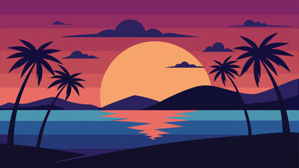 Tropical Sunset Silhouette Palm Trees, Ocean, and Colorful Sky Illustration