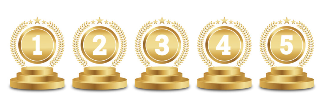 Set of Golden Number Award on Podium Stage. Number Ranking 1 2 3 4 5. Vector Illustration Isolated on White Background. Award, podium ,trophy, badge, emblem, label, vector.