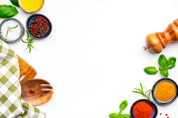 Food, cooking, spices background, chili pepper and turmeric, kitchen towel, spice grinder, kitchen utensils, white copy space, top view