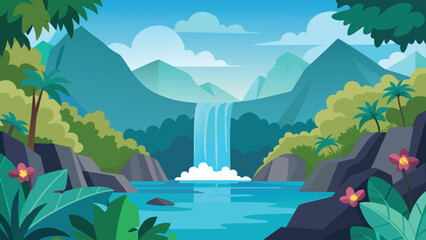 Tropical Waterfall Landscape with Palm Trees, Lush Vegetation, and Cloudy Sky Illustration