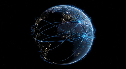 A digital earth with glowing networks connecting continents against a dark background illustration