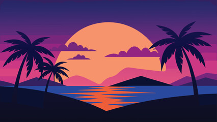Vibrant Sunset Over Tropical Island Landscape Silhouette with Palm Trees and Ocean Reflections
