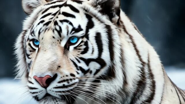Close-up portrait of a white tiger with blue eyes and Tiger's Eye gaze in a natural setting.