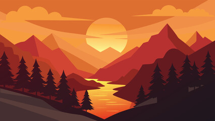 Warm Mountain Sunset Landscape with River, Forest Silhouettes, and Cloudscape Illustration