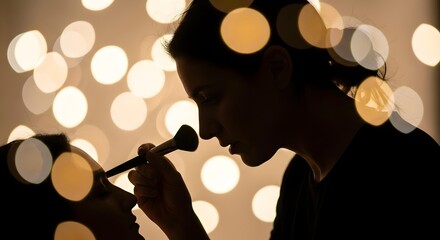 Silhouette of a makeup artist applying makeup to a client with soft, blurred bokeh lights in the background creating a warm and intimate atmosphere