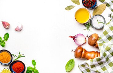 Food, cooking, spices background, chili pepper and turmeric, oil, salt and peppercorn, Asian Cuisine Ingredients. Kitchen towel, spice grinder, utensils, white copy space, top view
