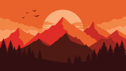 Warm Mountain Sunset Silhouette Landscape with Flying Birds, Clouds, and Coniferous Forest Illustration