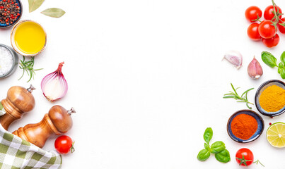Food background, spices and herbs, ingredients for healthy eating and cooking, white copy space, top view