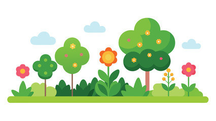 Whimsical Cartoon Garden Flowers, Trees, Bushes and Clouds Illustration on White