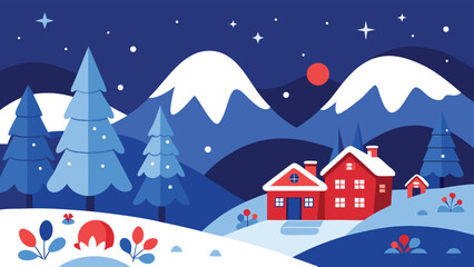 Whimsical Winter Red Houses, Snowy Mountains, Blue Trees, Stars, and Falling Snow Illustration