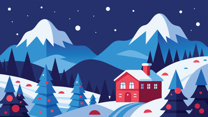 Winter Landscape with Red House, SnowCapped Mountains, Blue Trees, and Night Sky Illustration