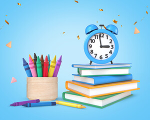 Back To School 3D Rendering Stack Of Books, Alarm Clock And Crayon Colors