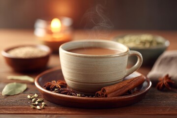 Steaming cup of masala chai with spices and candles on rustic wooden table. Steaming cup of chai tea with visible spices like cardamom and cloves, cozy warm drink concept