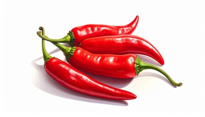 Four glossy red chili peppers with green stems on a white background