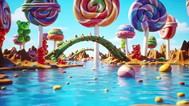 A Fantastical Journey Through a Whimsical Candy Land with a Flowing River and Giant Lollipop Forest.