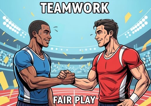 Teamwork in sports, Illustration of two generic athletes shaking hands, symbolizing fair play and unity.