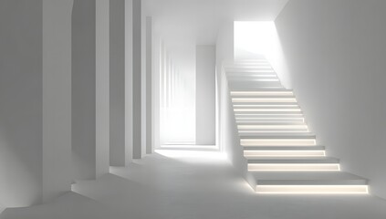 Fototapeta premium Minimalist white interior with geometric stairs and large windows