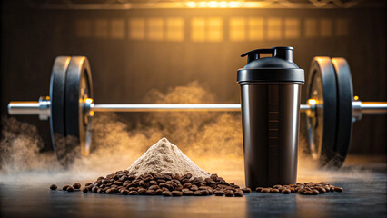 Protein powder with shaker and barbell in gym fitness concept
