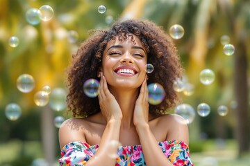 Smiling woman with curly hair enjoying bubbles outdoors, creative style, tropical palm tree background, concept of happiness and carefree summer. Ai generative