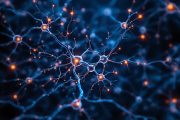 Glowing neural cells with electric signals connected in a web pattern, digital creative style on deep blue background, concept of intelligence and data flow. Ai generative