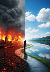 A man stands at a crossroads, with a path leading to a world of destruction and another to a beautiful, serene landscape. This image represents decision, a pivotal moment, and the choice between two f