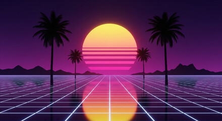 Naklejka premium A vibrant retro synthwave sunset with neon grid, palm trees, and mountains. Perfect for 80s nostalgia and futuristic themes.