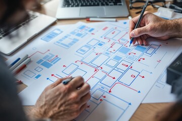 Designers sketching user flow diagram with blue and red arrows on paper, creative style, wooden desk background, concept of UI UX planning. Ai generative