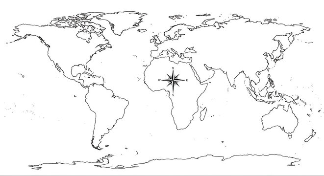A black and white world map outline displaying continents and a compass rose centered on africa view