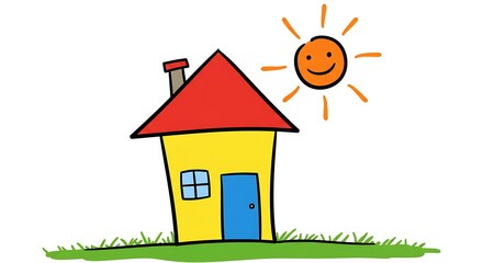 Cheerful cartoon house under sunny sky