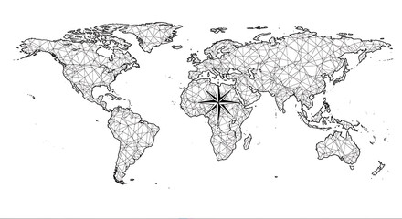 A world map with continents outlined by a network of interconnected lines and a central compass rose