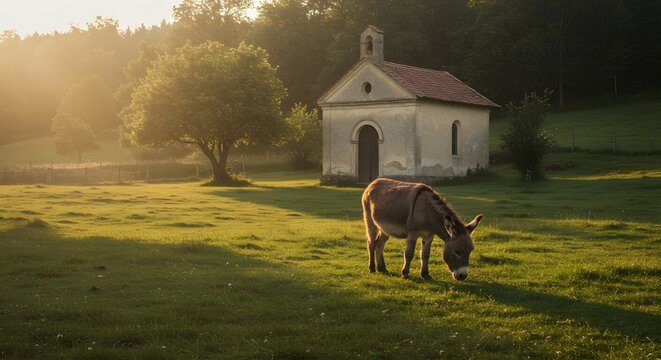 A lone donkey grazes peacefully in a sunlit meadow next to a rustic old chapel at sunrise. - Powered by Adobe