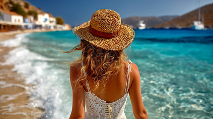 Woman's Back View on the Beach, Summer Vacation, Seaside Scenery, Straw Hat, White Dress