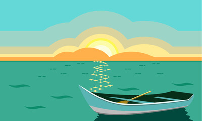 海辺の朝日とボート  © Tuwabuki