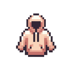 Cozy beige hooded sweatshirt rendered in a retro pixel art style. Vintage gaming sprite or icon representing casual fashion and comfort