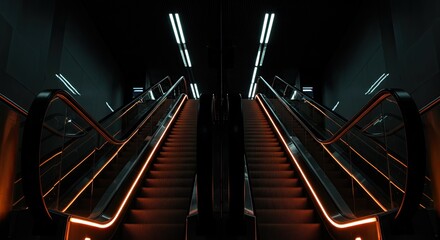 Symmetrical escalators illuminated by neon lights in a dark modern building