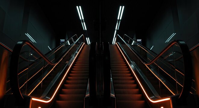 Symmetrical escalators illuminated by neon lights in a dark modern building