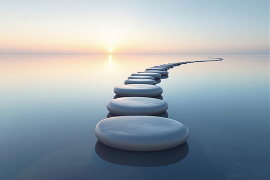 Curved path of smooth stones over calm water leading to sunrise, minimalistic creative background concept of balance, peace and meditation. Ai generative