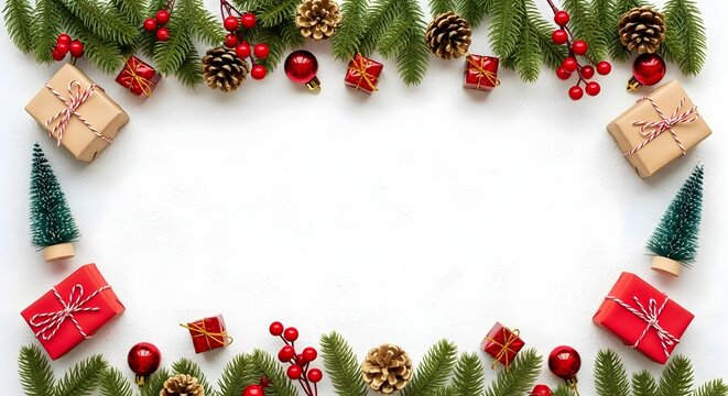 Christmas frame with gifts, ornaments, pine cones, berries, and miniature christmas trees isolated on white background, creating a festive and joyful holiday scene