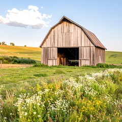 Obraz premium Rustic barn in a grassy field with wildflowers