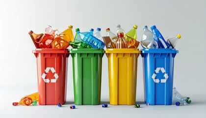 Colorful recycling bins filled with used plastic bottles, demonstrating the concept of waste management, recycling, and environmental protection. This image highlights the importance of sorting