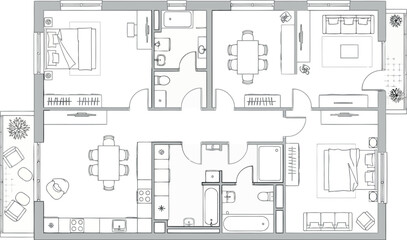 Vector vector art of architectural floor plan blueprint of a modern apartment layout with furniture transparent background