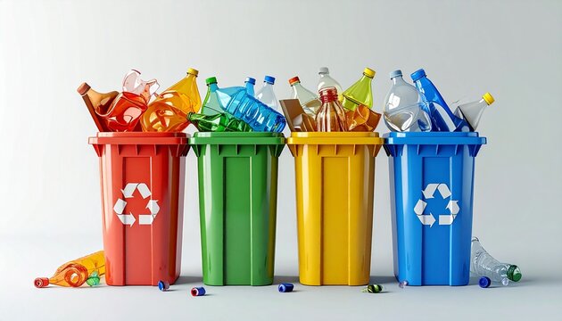 Colorful recycling bins filled with used plastic bottles, demonstrating the concept of waste management, recycling, and environmental protection. This image highlights the importance of sorting