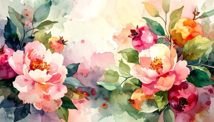 Vibrant floral watercolor arrangement with fruits
