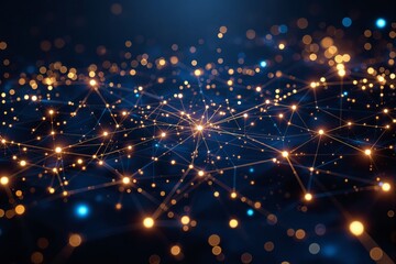 Abstract glowing network of golden nodes and lines in a digital mesh style with a soft blue background, expressing futuristic connection concept. Ai generative