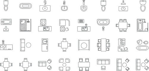 Vector vector art of various architectural icons and furniture elements for interior design plans transparent background