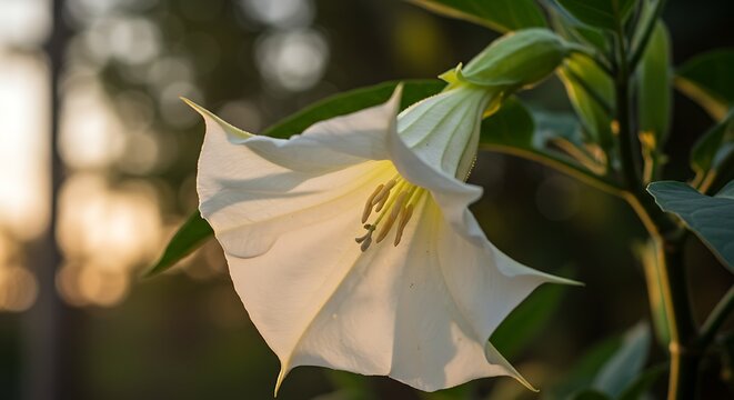 Elegant white trumpet flower showcasing delicate details in a natural outdoor setting