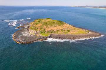 Aerial drone views of wildlife nesting on Cook Island Nature reserve near Fingal Head, New South Wales, Australia